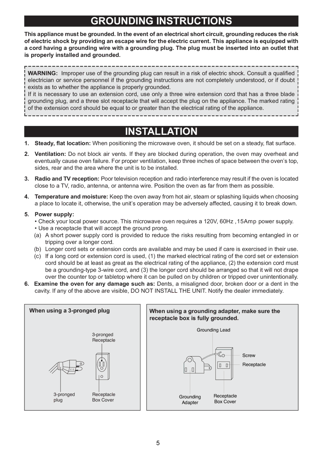 Emerson MW1161SB owner manual Grounding Instructions, Power supply 