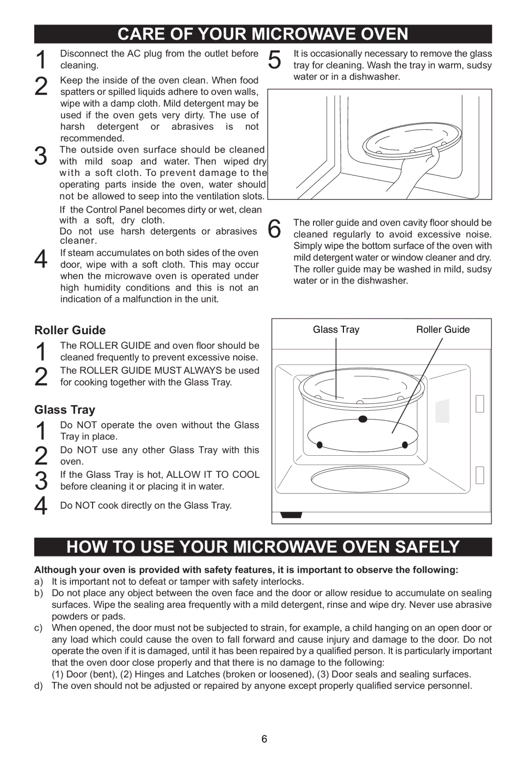 Emerson MW1161SB owner manual Roller Guide, Glass Tray, Disconnect the AC plug from the outlet before cleaning, Recommended 