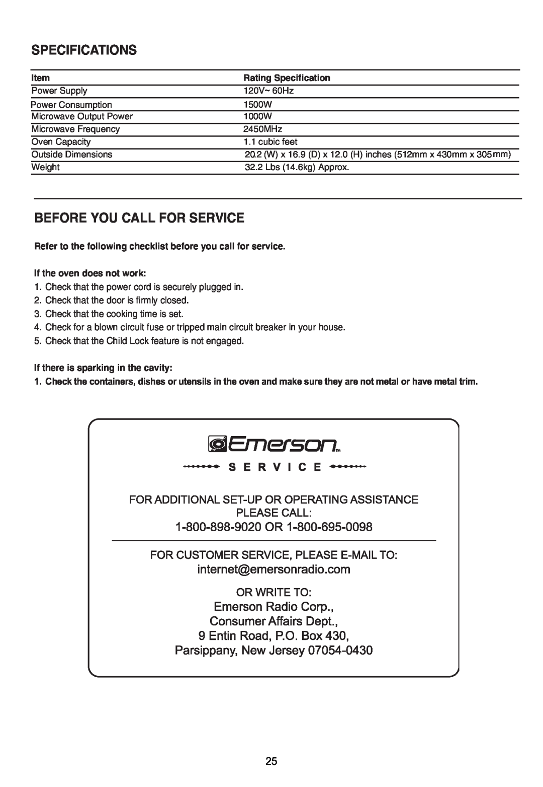 Emerson MW1161SB Specifications, Before You Call For Service, Refer to the following checklist before you call for service 