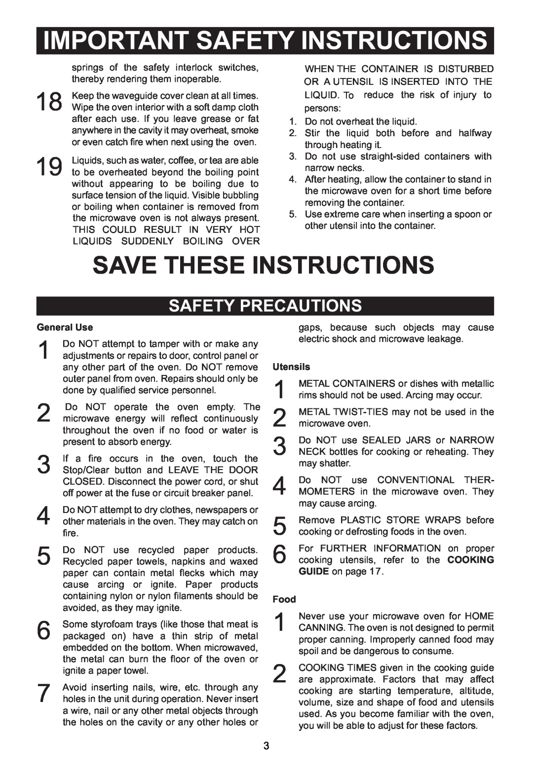 Emerson MW1161SB Safety Precautions, Important Safety Instructions, Save These Instructions, General Use, Utensils, Food 