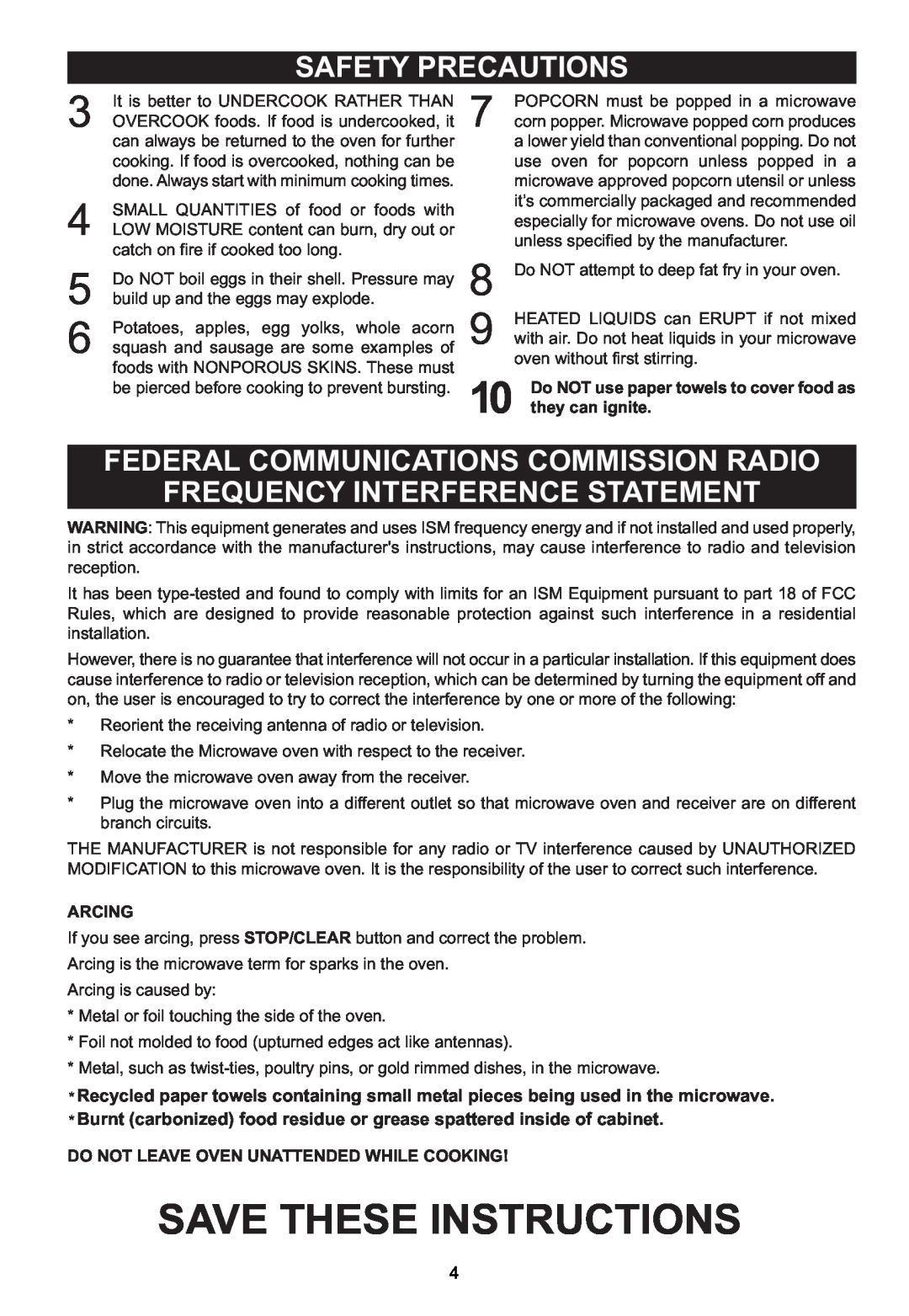 Emerson MW1161SB Safety Precautions, Federal Communications Commission Radio, Frequency Interference Statement, Arcing 