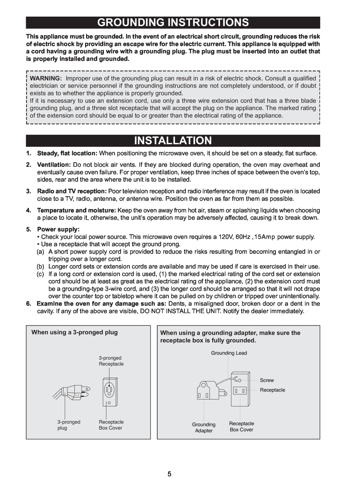 Emerson MW1161SB owner manual Grounding Instructions, Installation 