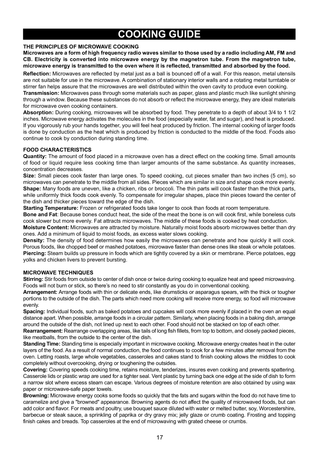 Emerson MW1337SB warranty Principles of Microwave Cooking, Food Characteristics, Microwave Techniques 