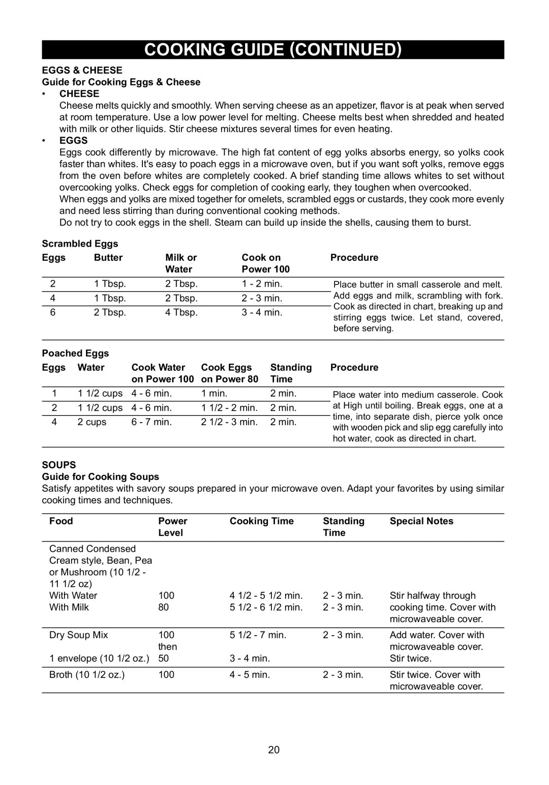 Emerson MW1337SB warranty Eggs & Cheese, Soups 