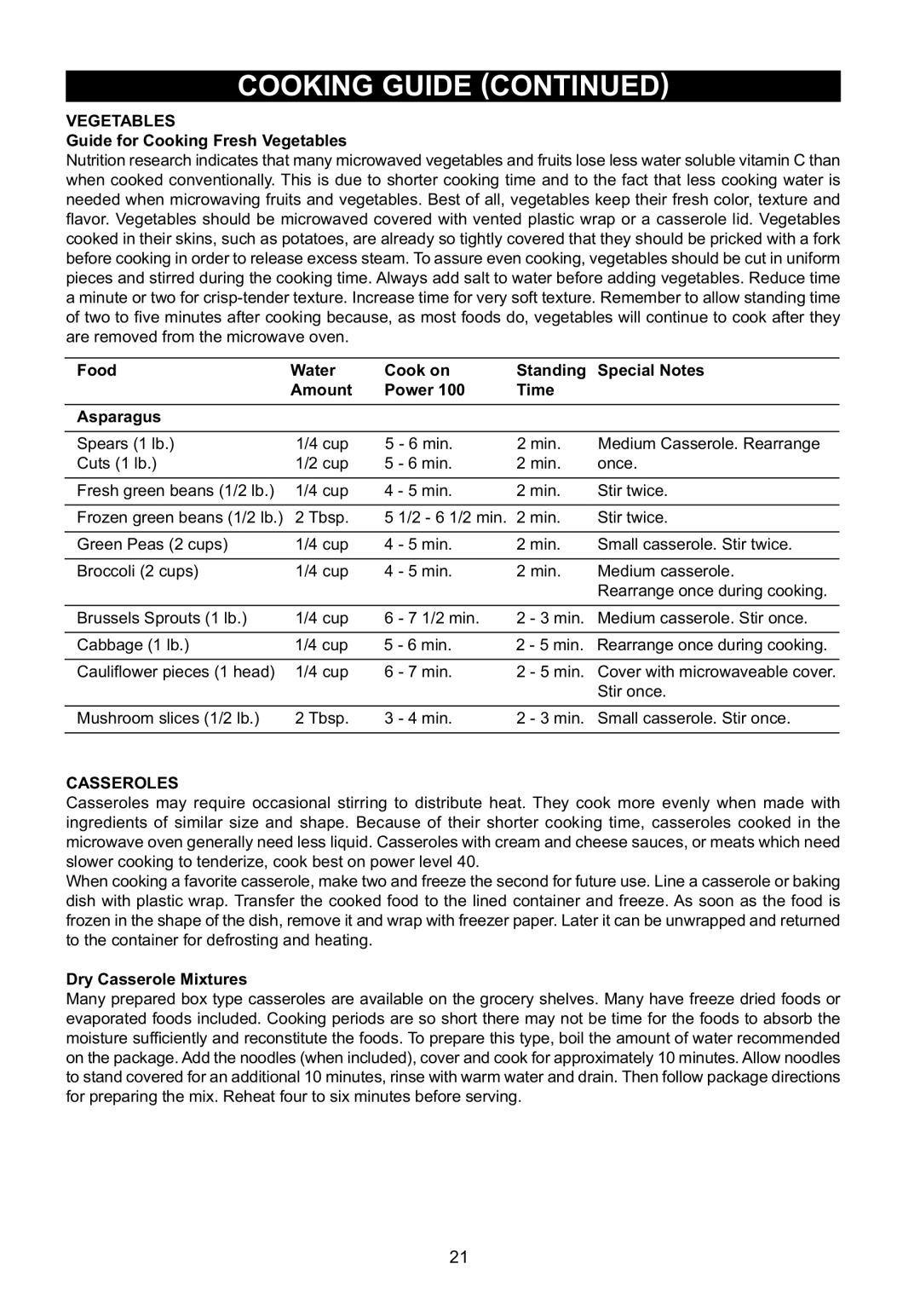 Emerson MW1337SB warranty Guide for Cooking Fresh Vegetables, Casseroles, Dry Casserole Mixtures 