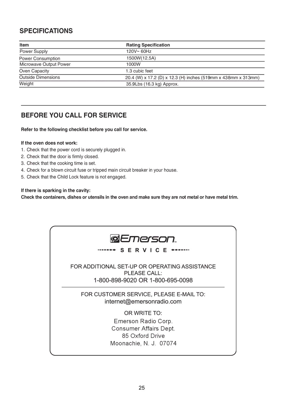 Emerson MW1337SB warranty Specifications 