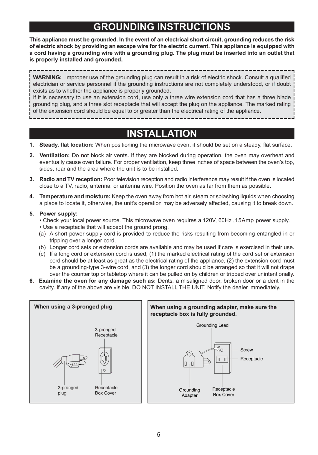 Emerson MW1337SB warranty Grounding Instructions, Power supply 