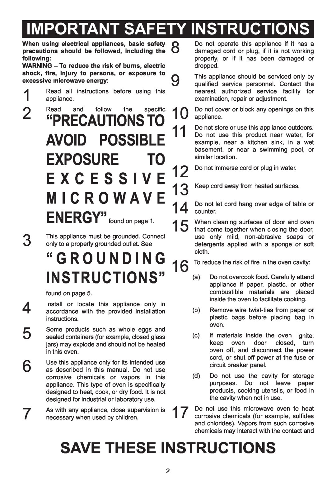 Emerson MW7302B Important Safety Instructions, Save These Instructions, “ G R O U N D I N G, I N S T R U C T I O N S ” 