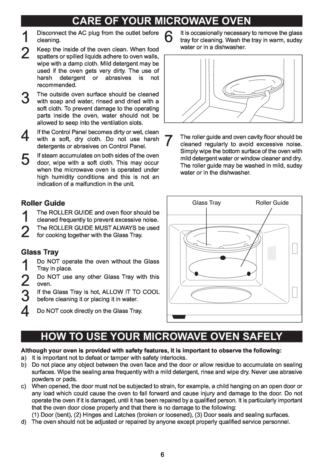 Emerson MW7302B, MW7302W Care Of Your Microwave Oven, How To Use Your Microwave Oven Safely, Roller Guide, Glass Tray 