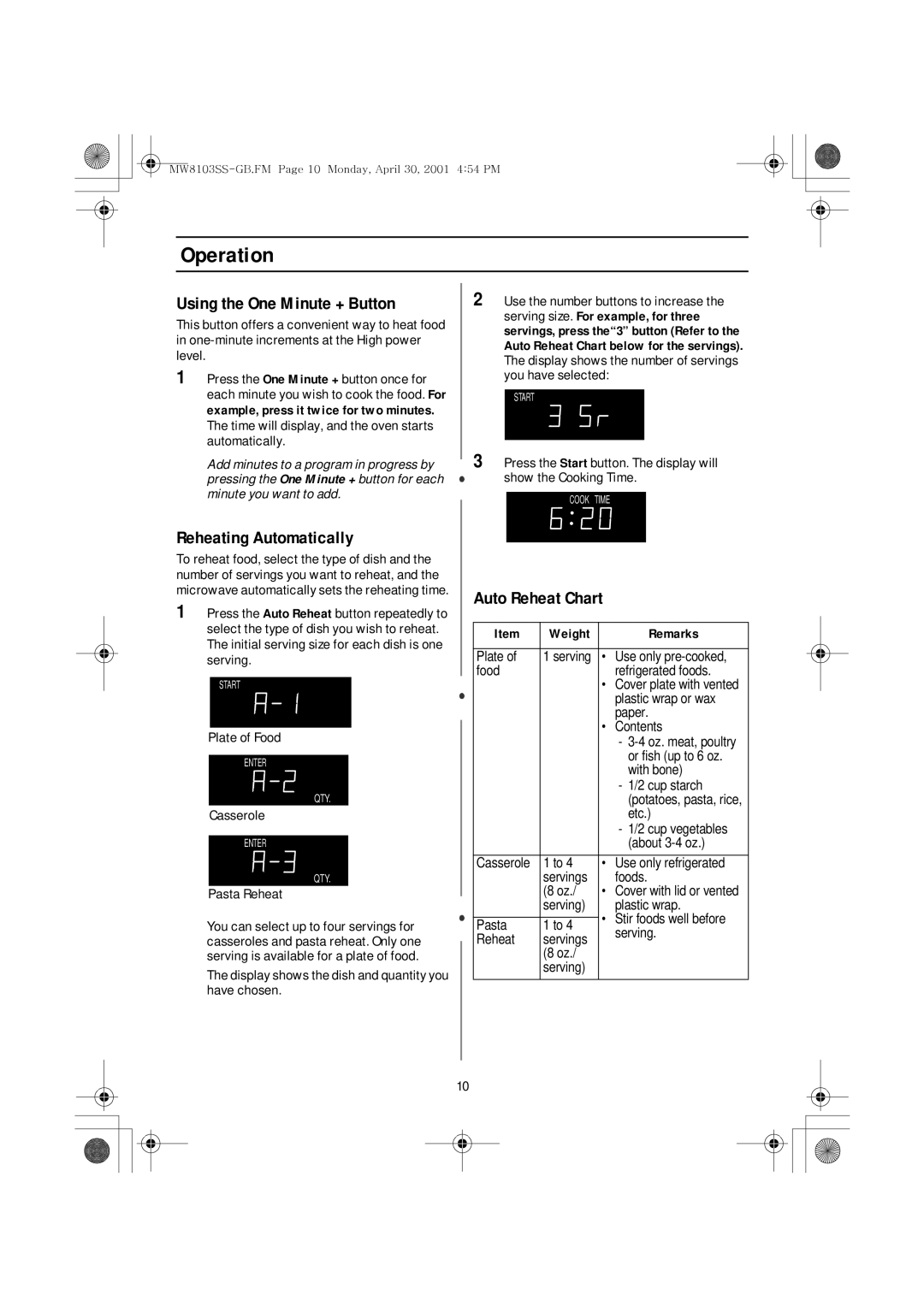 Emerson MW8103SS owner manual Operation, Using the One Minute + Button, Reheating Automatically, Auto Reheat Chart 