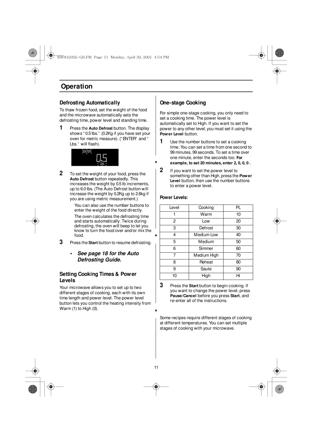 Emerson MW8103SS Defrosting Automatically, Setting Cooking Times & Power Levels, One-stage Cooking, Level Cooking 