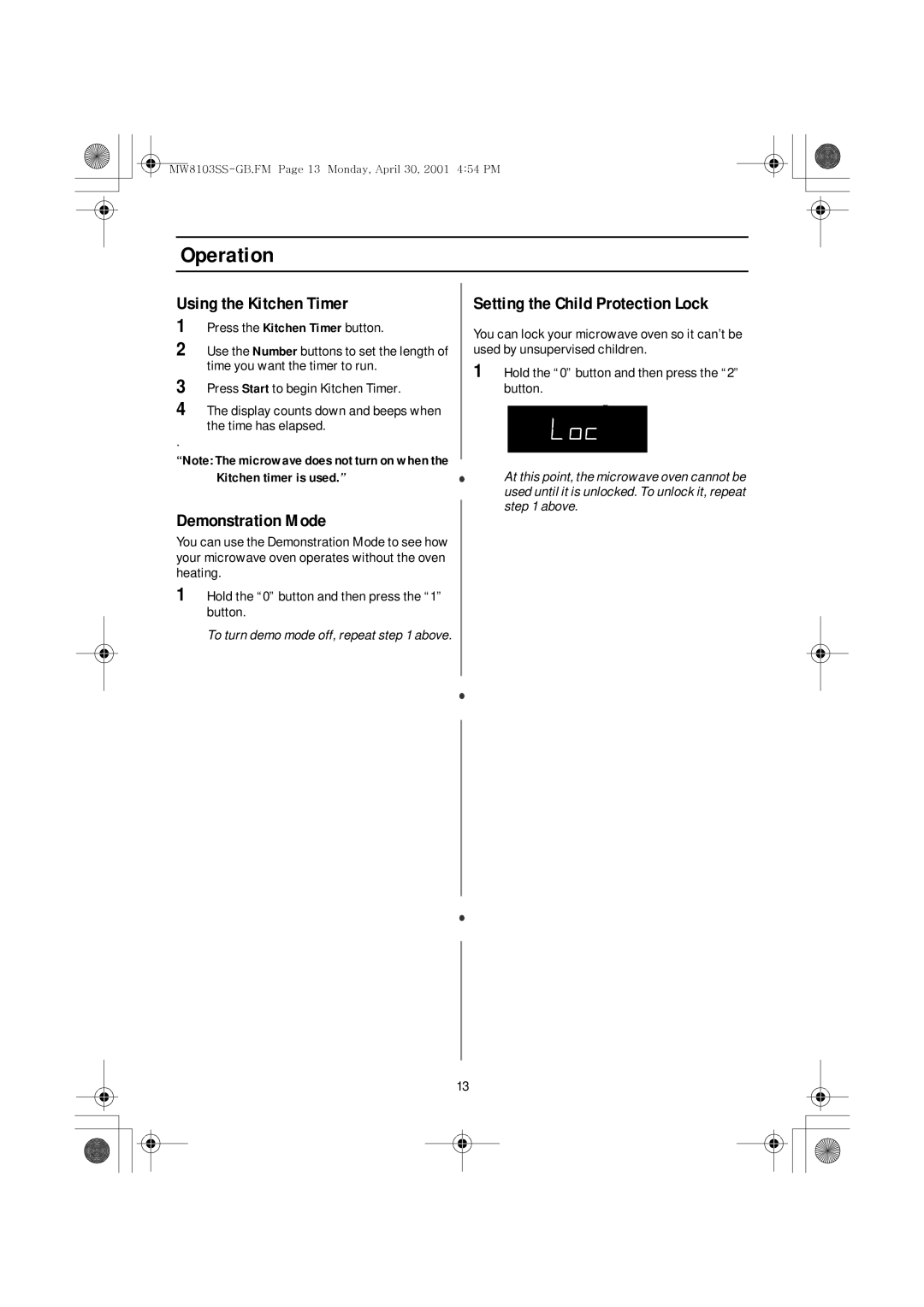 Emerson MW8103SS owner manual Using the Kitchen Timer, Demonstration Mode, Setting the Child Protection Lock 