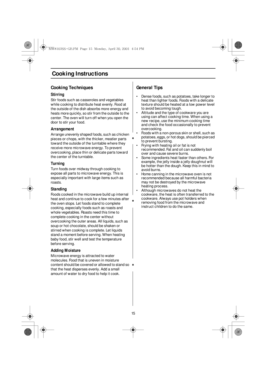 Emerson MW8103SS owner manual Cooking Techniques, General Tips 