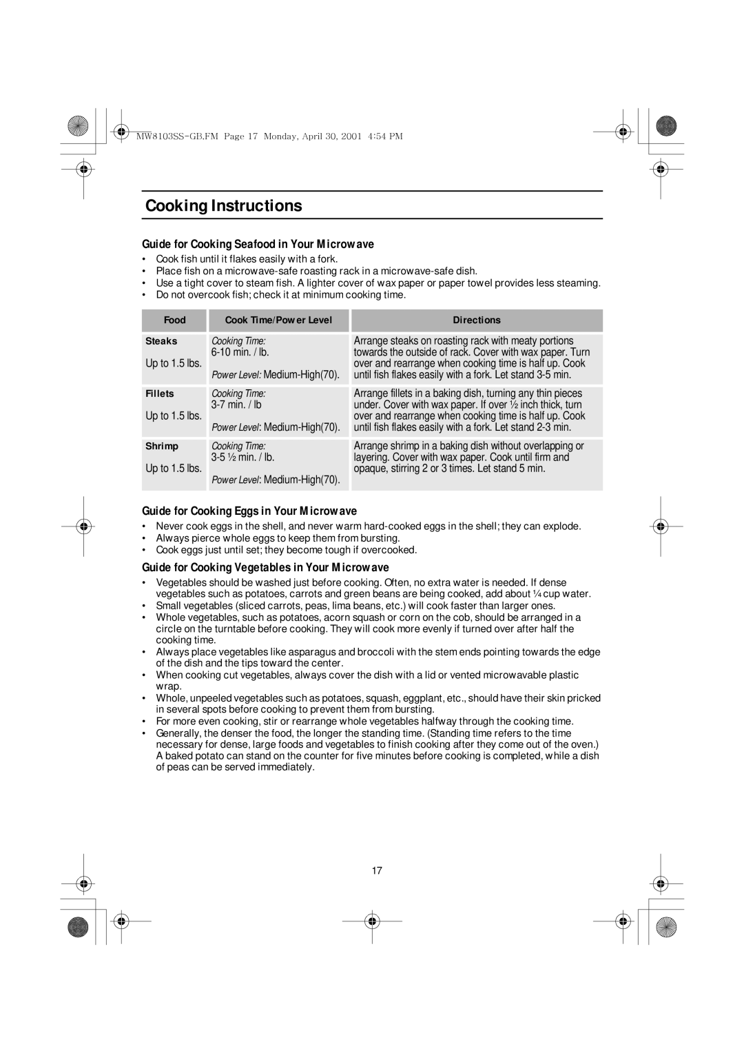 Emerson MW8103SS owner manual Guide for Cooking Seafood in Your Microwave, Guide for Cooking Eggs in Your Microwave 