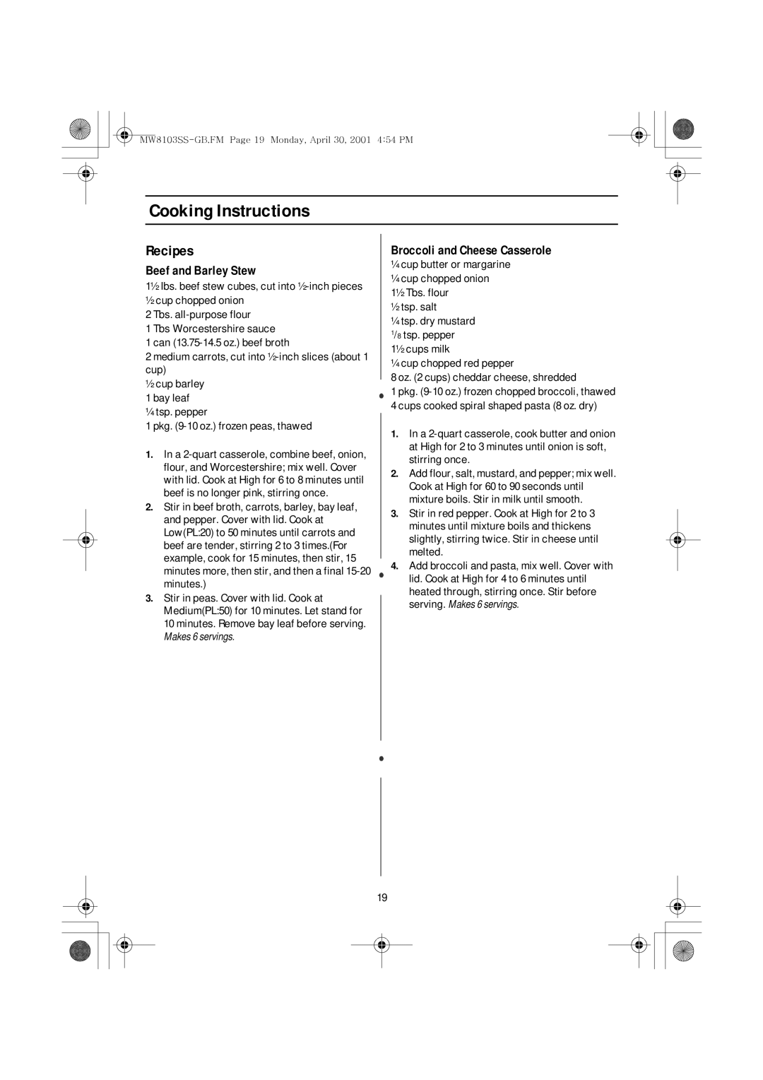 Emerson MW8103SS owner manual Recipes, Beef and Barley Stew, Broccoli and Cheese Casserole 