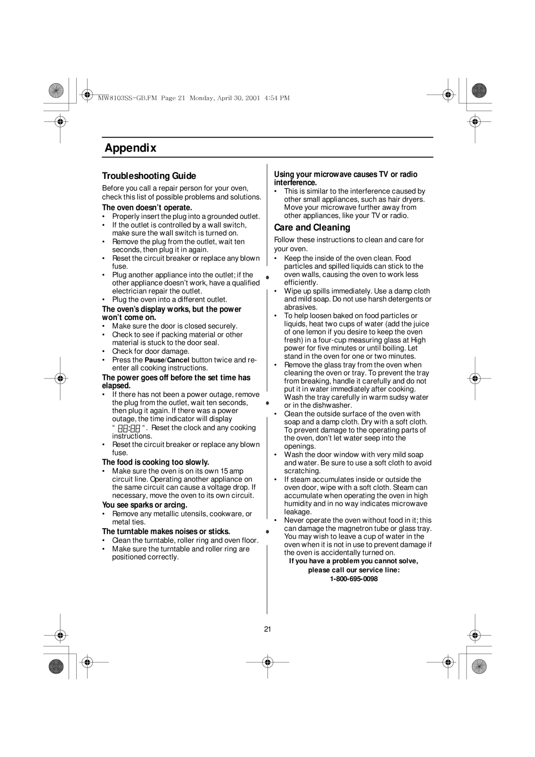 Emerson MW8103SS owner manual Appendix, Troubleshooting Guide, Care and Cleaning 