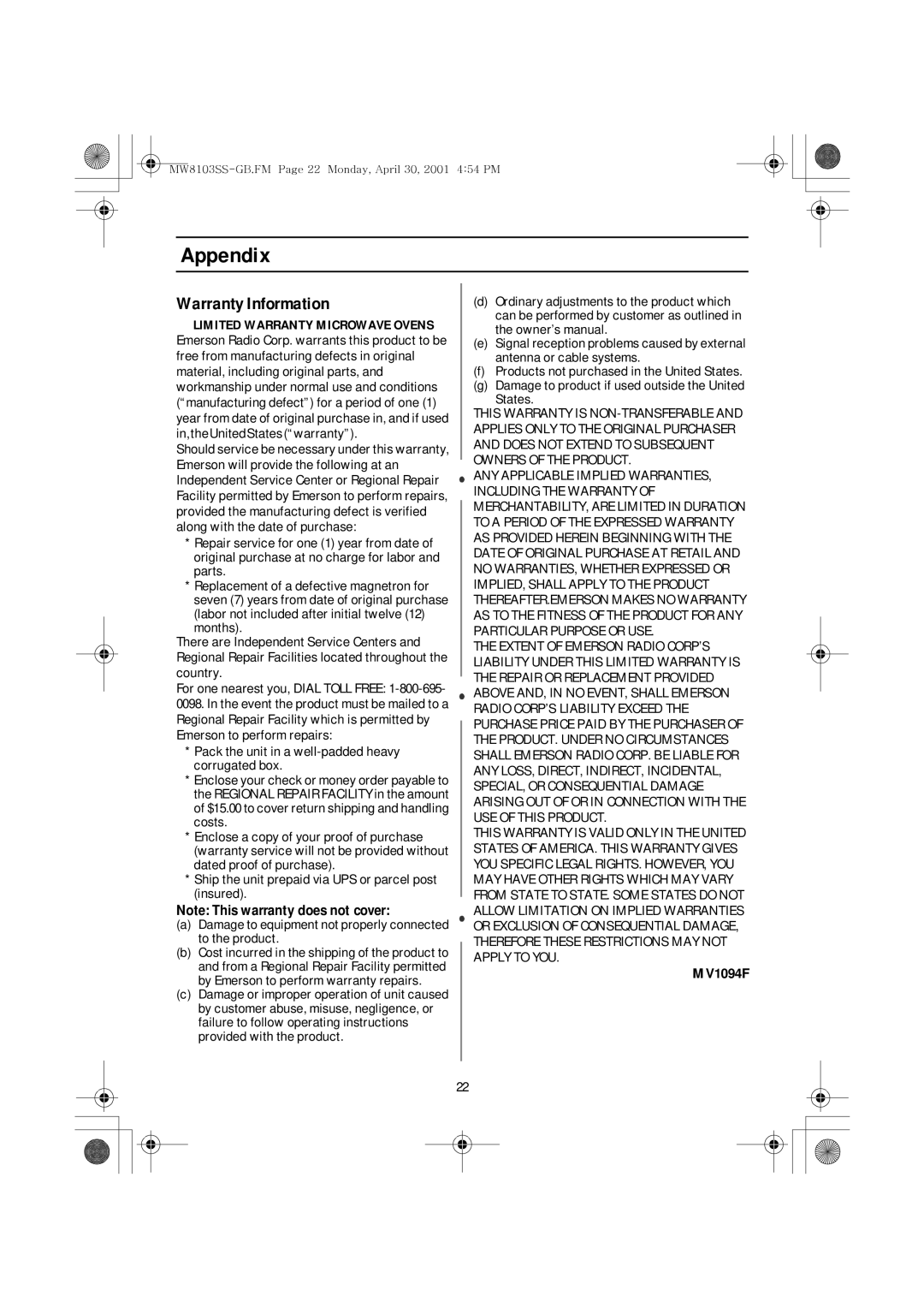 Emerson MW8103SS owner manual Warranty Information, Pack the unit in a well-padded heavy corrugated box 