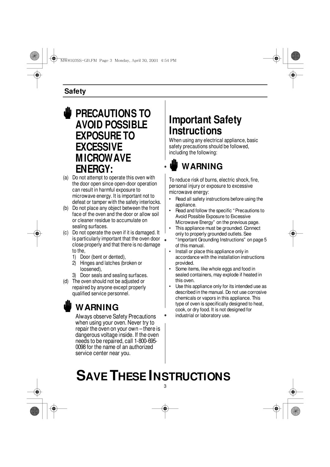 Emerson MW8103SS owner manual Safety, Door bent or dented Hinges and latches broken or loosened 