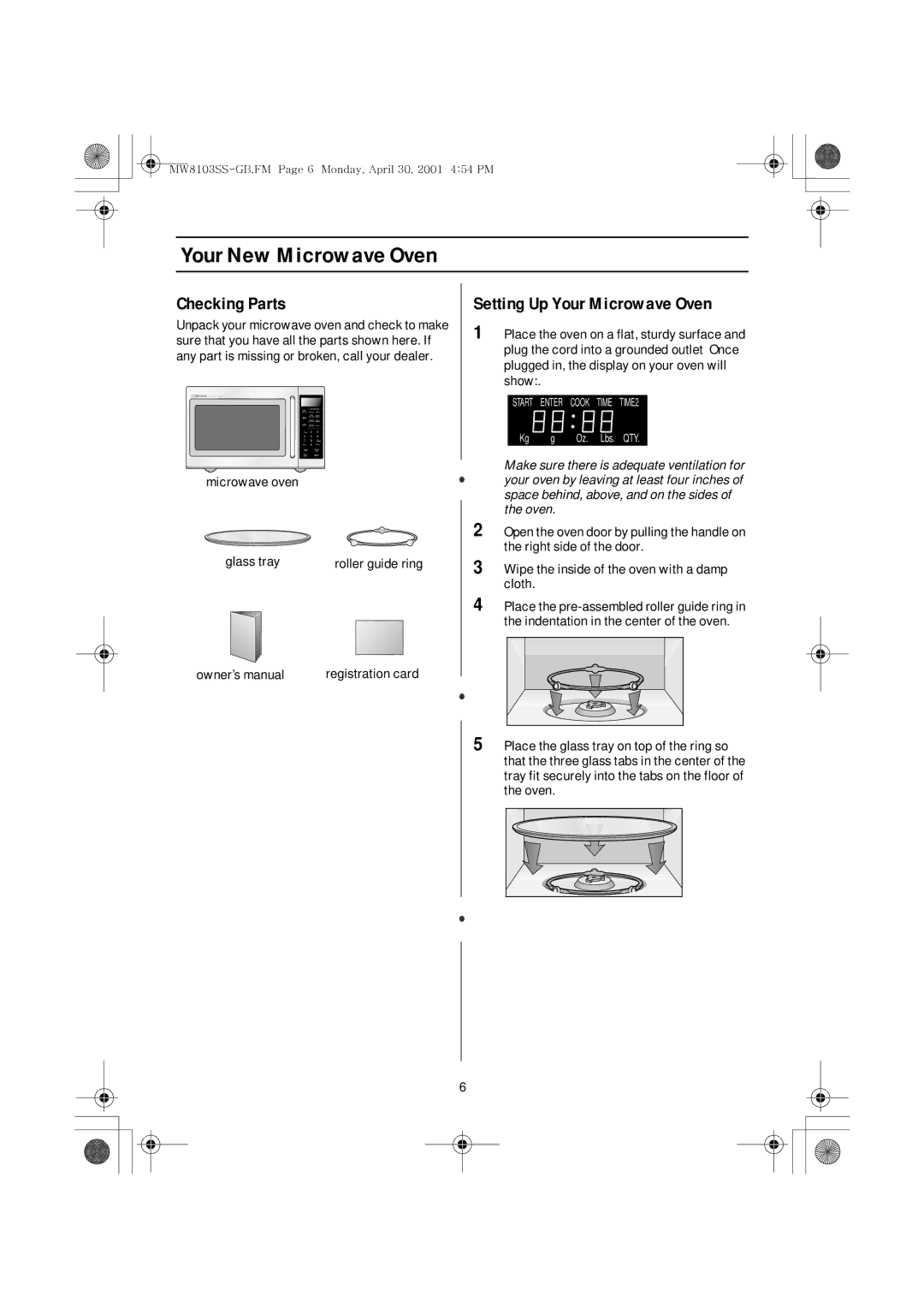 Emerson MW8103SS Your New Microwave Oven, Checking Parts, Setting Up Your Microwave Oven, Microwave oven Glass tray 