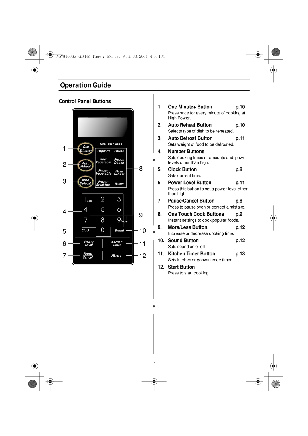 Emerson MW8103SS owner manual Operation Guide, Control Panel Buttons, Sets current time, Than high, Sets sound on or off 