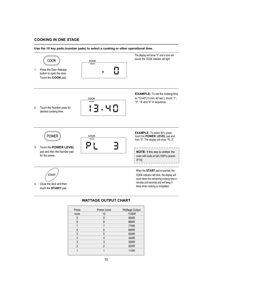 Emerson MW8108BSC owner manual Cooking in ONE Stage, Wattage Output Chart, Press Power Level Wattage Output 