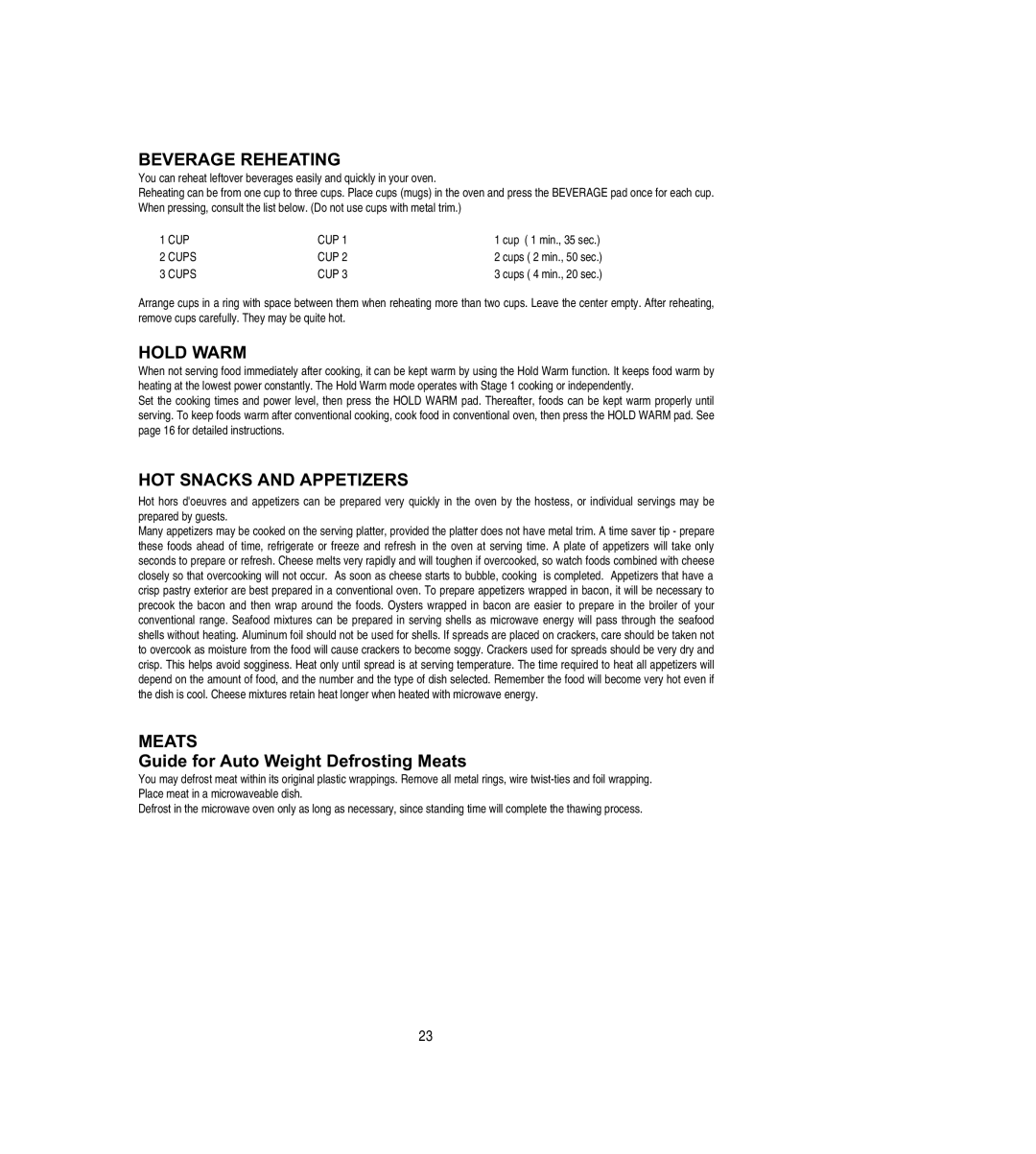 Emerson MW8108BSC owner manual Beverage Reheating, Hold Warm, HOT Snacks and Appetizers, Meats 