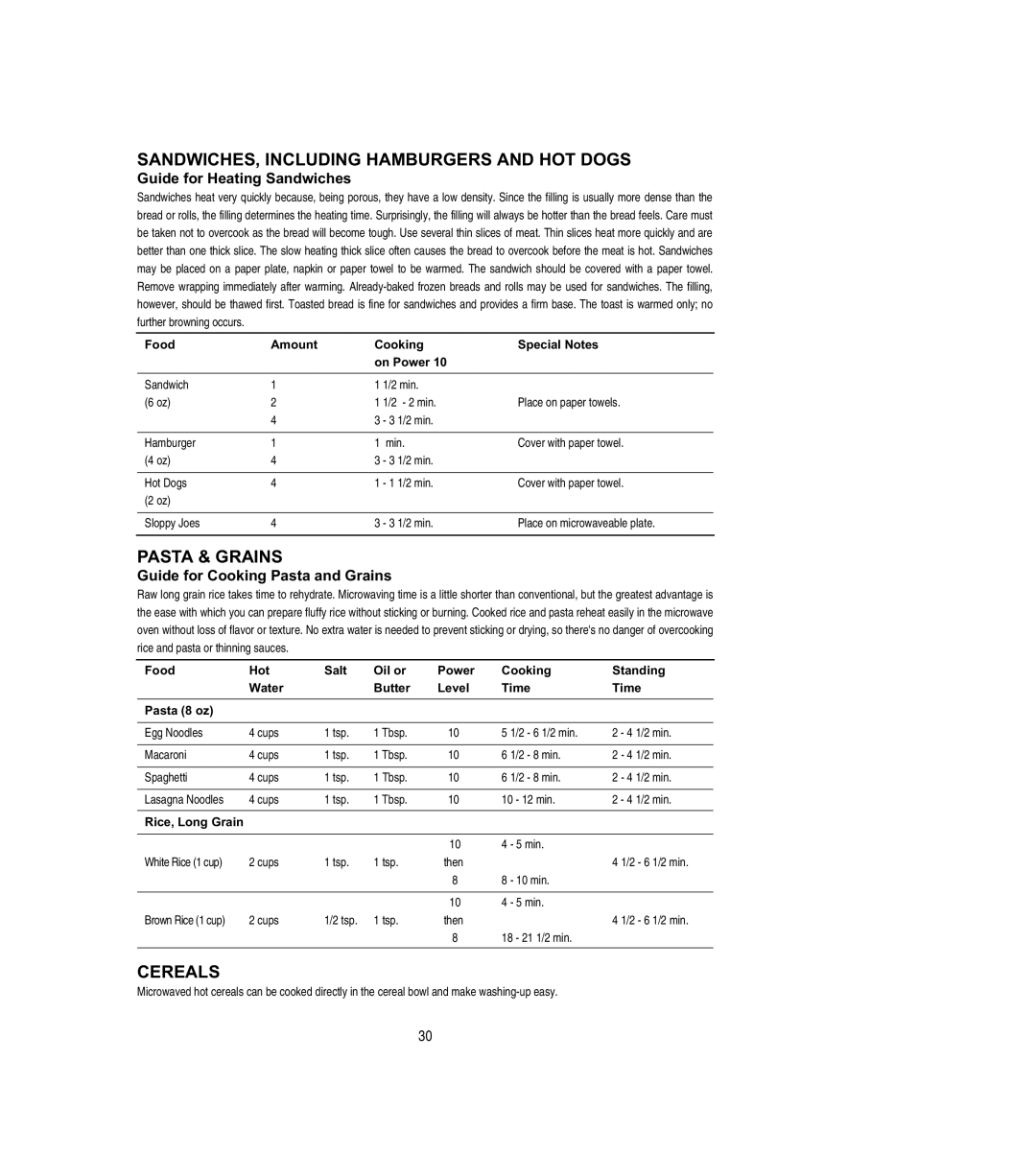 Emerson MW8108BSC SANDWICHES, Including Hamburgers and HOT Dogs, Pasta & Grains, Cereals, Guide for Heating Sandwiches 