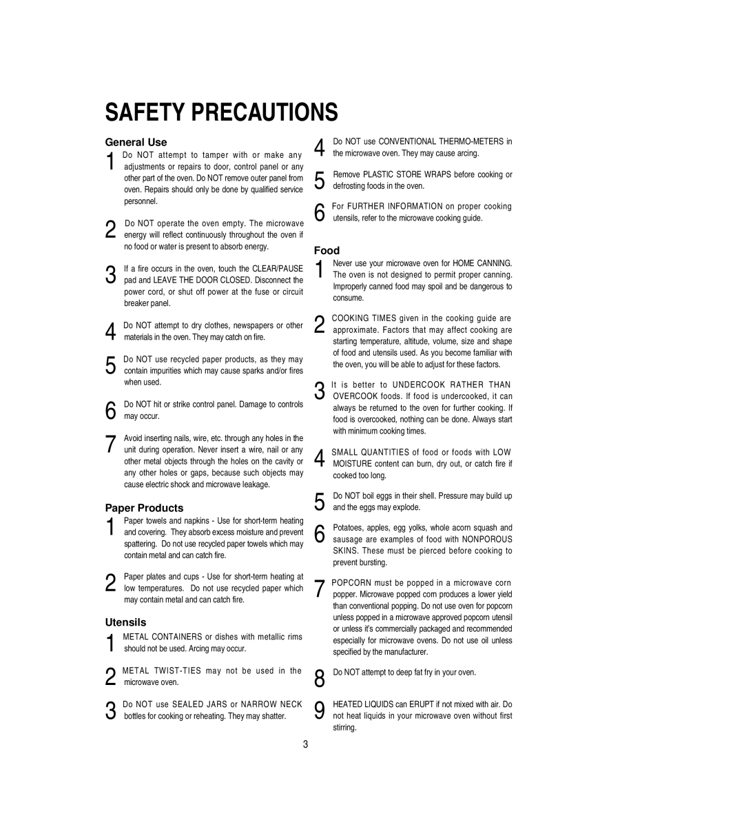 Emerson MW8108BSC owner manual Safety Precautions, Metal TWIST-TIES may not be used in the microwave oven 