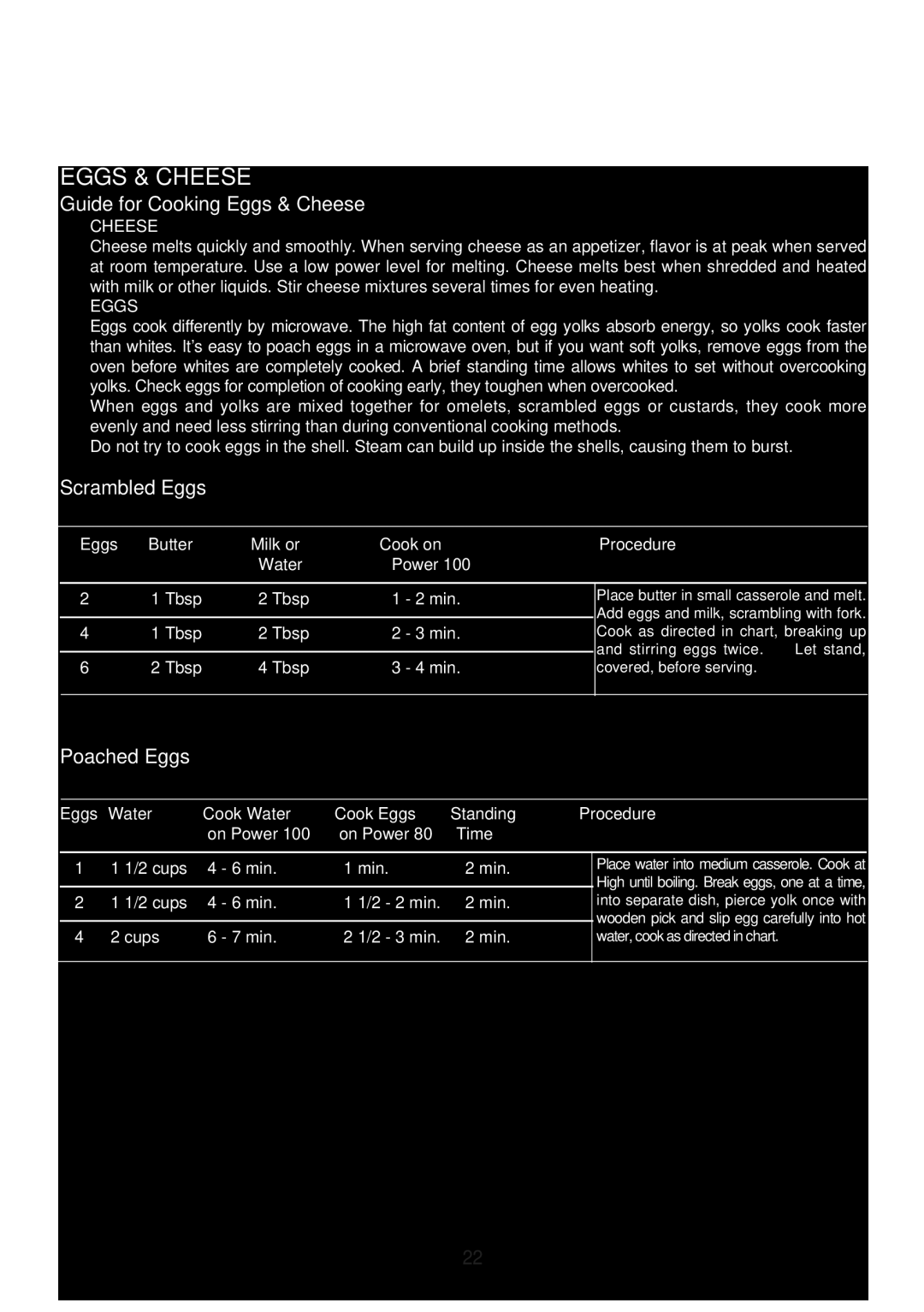 Emerson MW8115SS owner manual Guide for Cooking Eggs & Cheese, Scrambled Eggs, Poached Eggs 