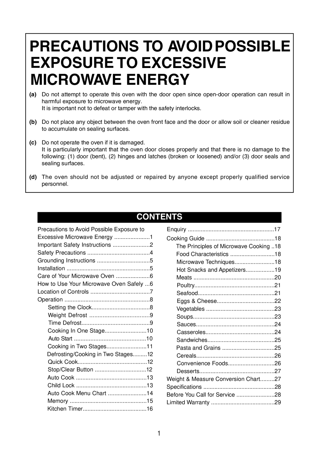 Emerson MW8115SS owner manual Contents, Precautions To Avoid Possible Exposure To Excessive Microwave Energy 