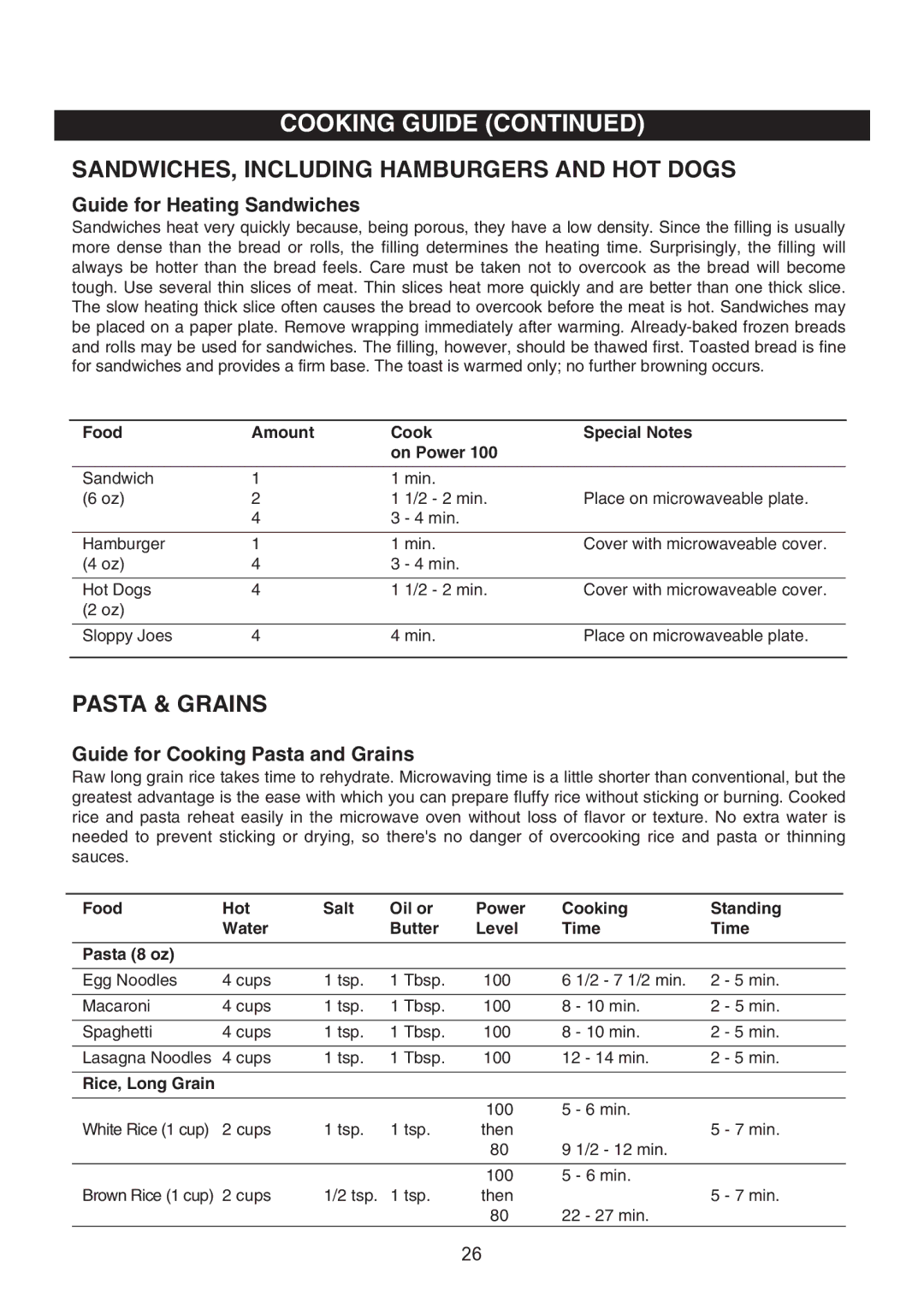 Emerson MW8119SBM owner manual SANDWICHES, Including Hamburgers and HOT Dogs, Pasta & Grains, Guide for Heating Sandwiches 