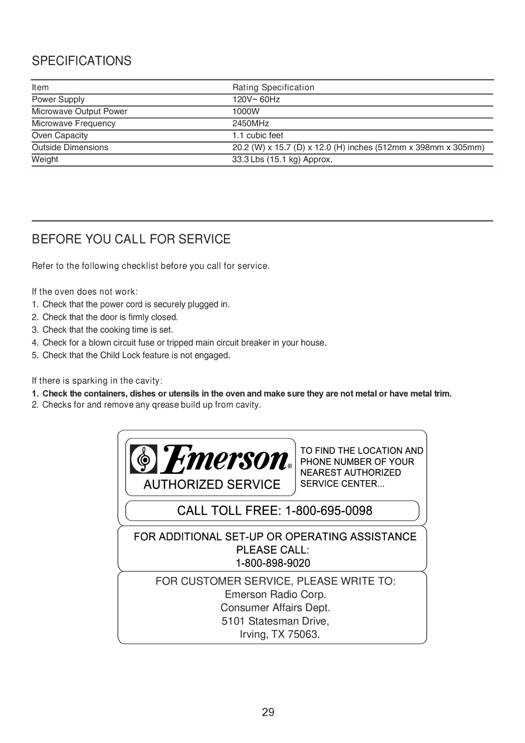 Emerson MW8119SBM owner manual Specifications, Before YOU Call for Service, If there is sparking in the cavity 