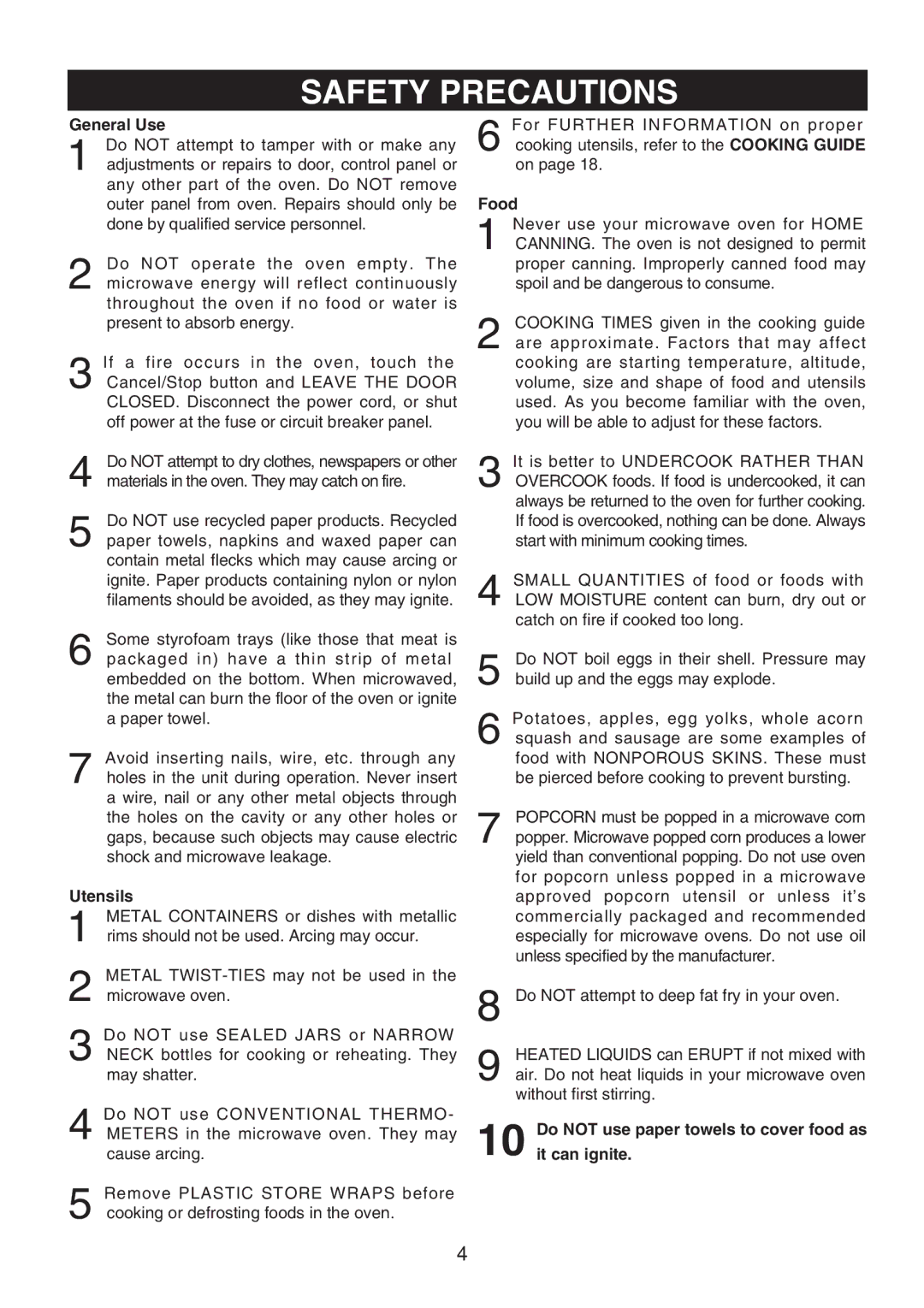 Emerson MW8119SBM owner manual General Use, Utensils, Food, Do not use paper towels to cover food as it can ignite 