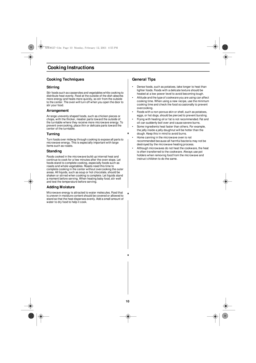 Emerson MW8627W owner manual Cooking Techniques, General Tips 