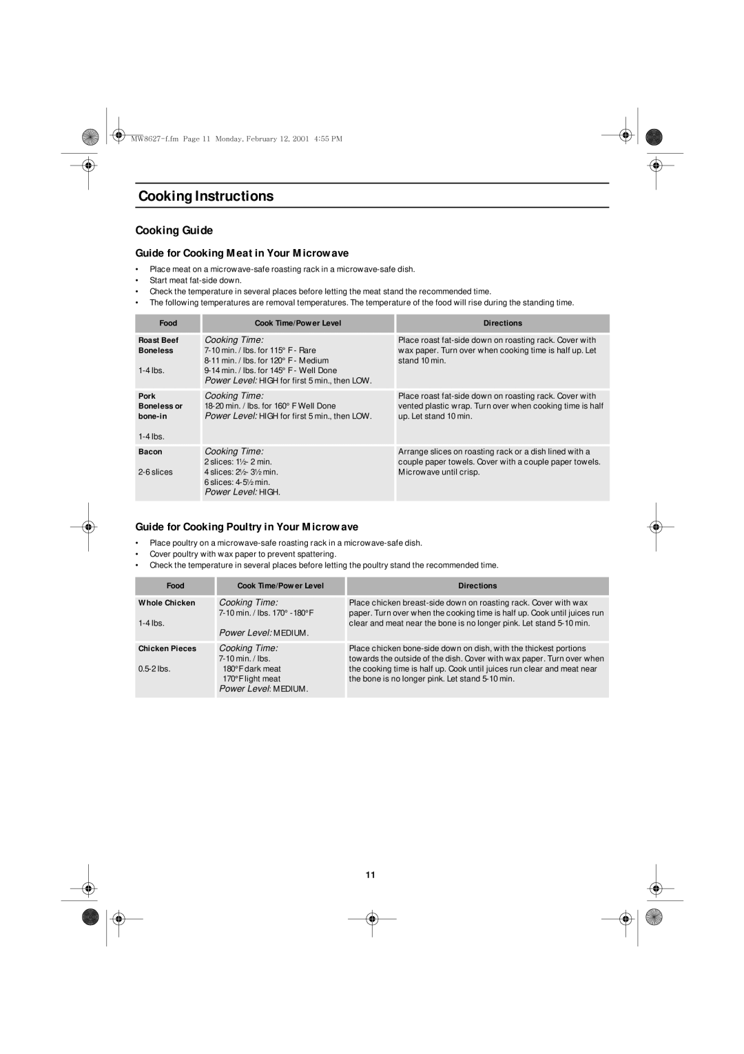 Emerson MW8627W Cooking Guide, Guide for Cooking Meat in Your Microwave, Guide for Cooking Poultry in Your Microwave 