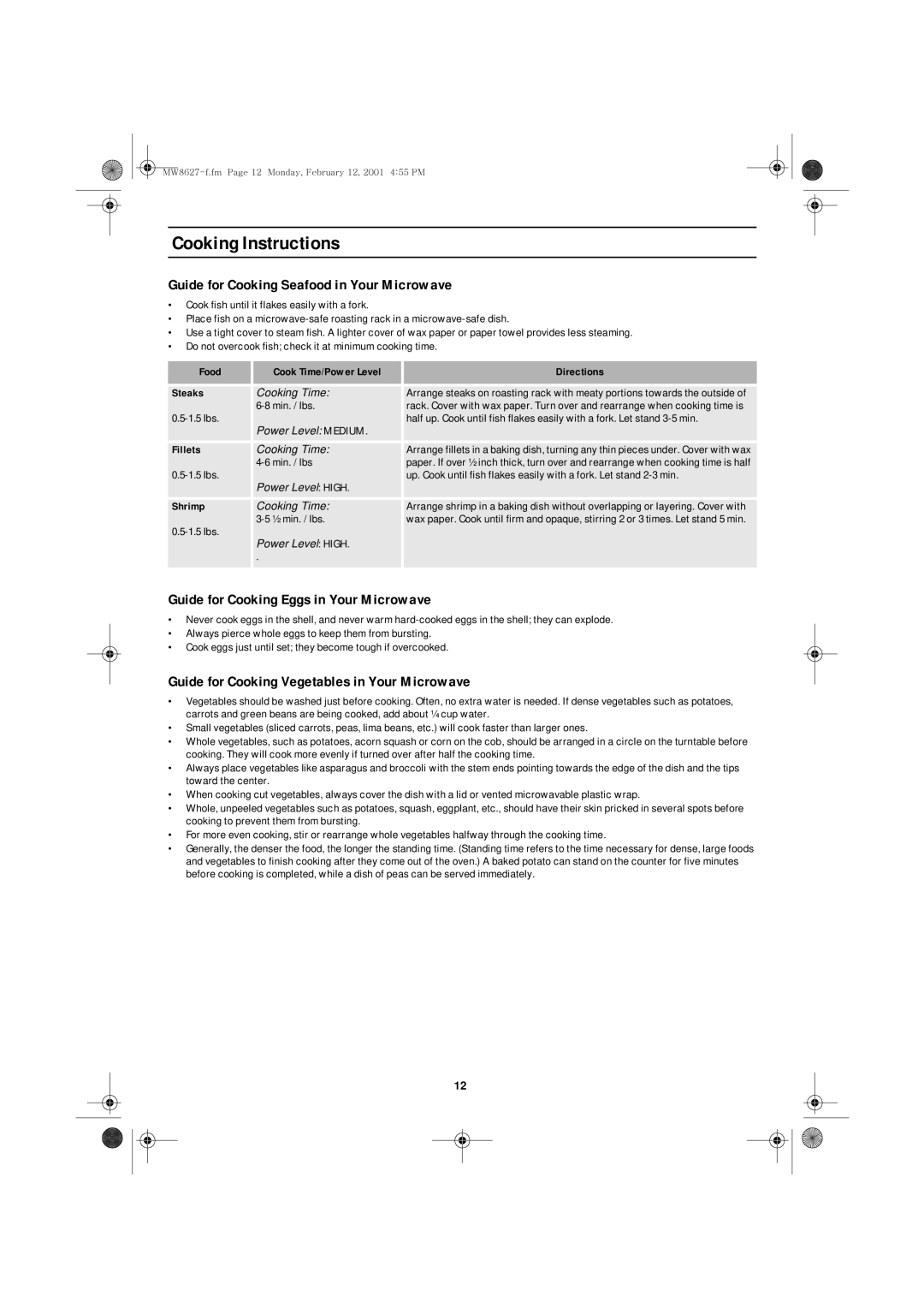 Emerson MW8627W owner manual Guide for Cooking Seafood in Your Microwave, Guide for Cooking Eggs in Your Microwave 