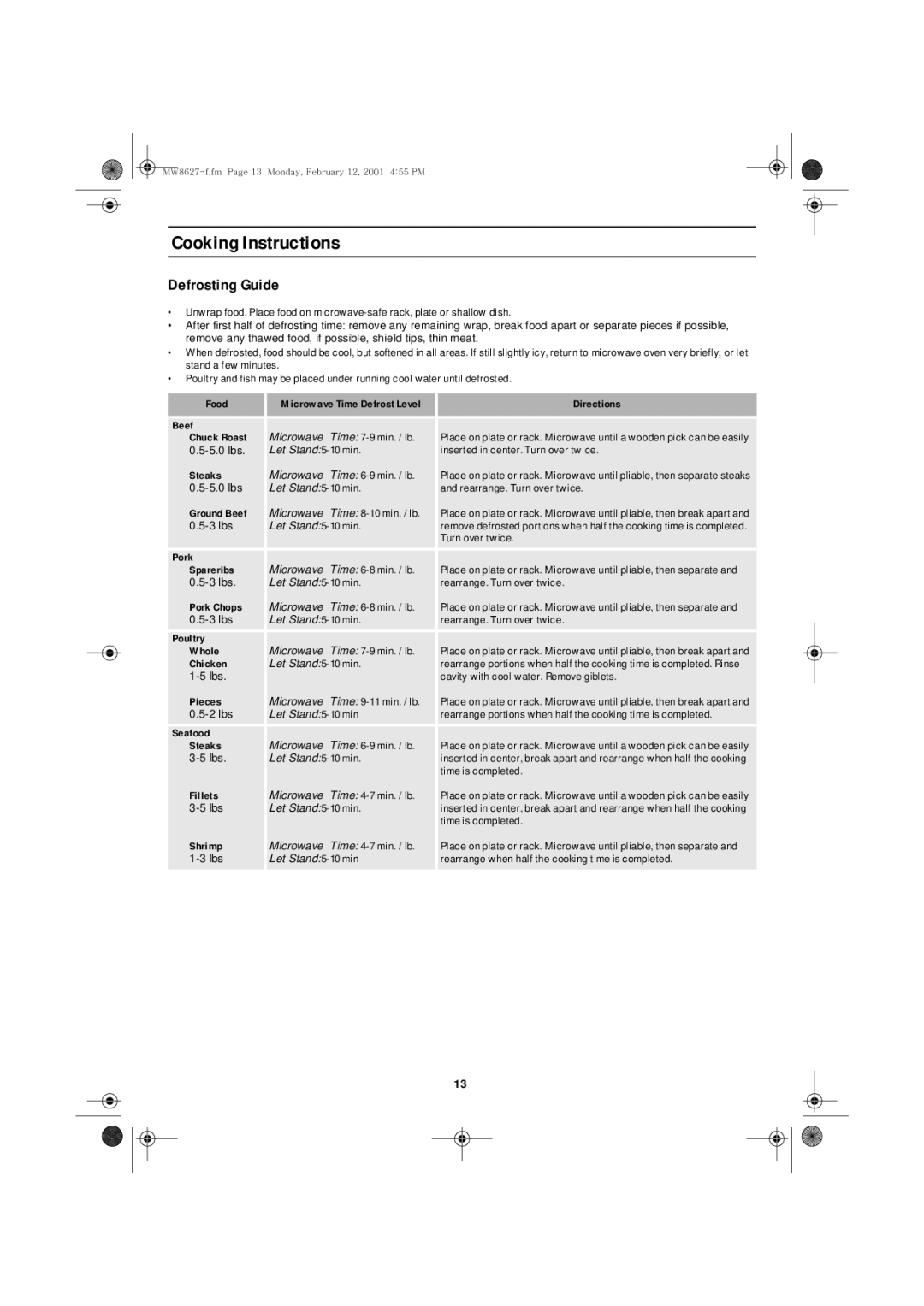 Emerson MW8627W owner manual Defrosting Guide, Beef 