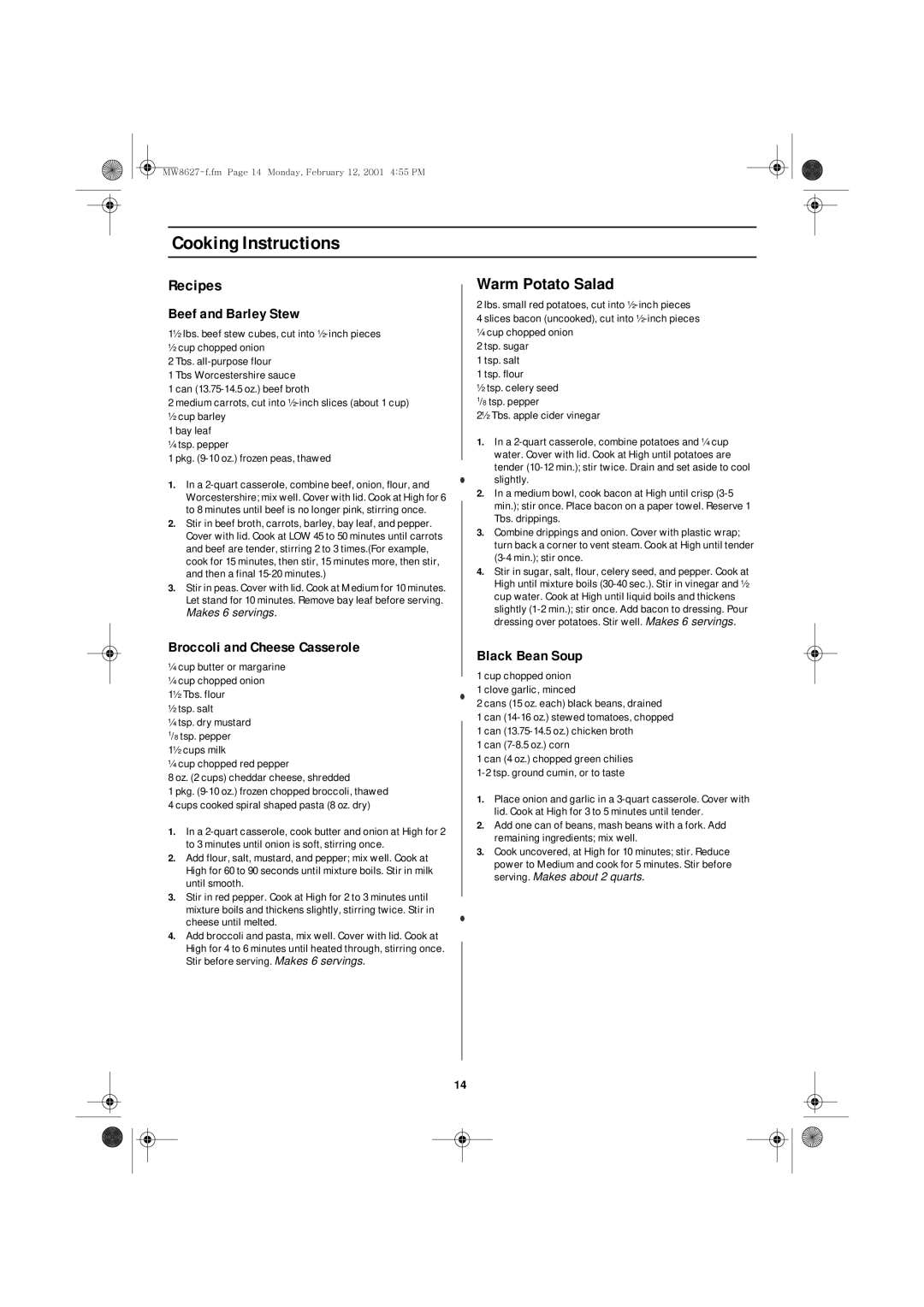 Emerson MW8627W owner manual Recipes, Beef and Barley Stew, Broccoli and Cheese Casserole, Black Bean Soup 