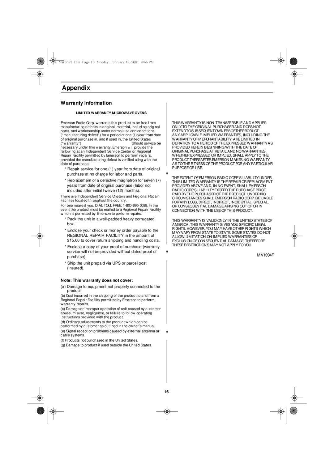 Emerson MW8627W owner manual Warranty Information, Limited Warranty Microwave Ovens 