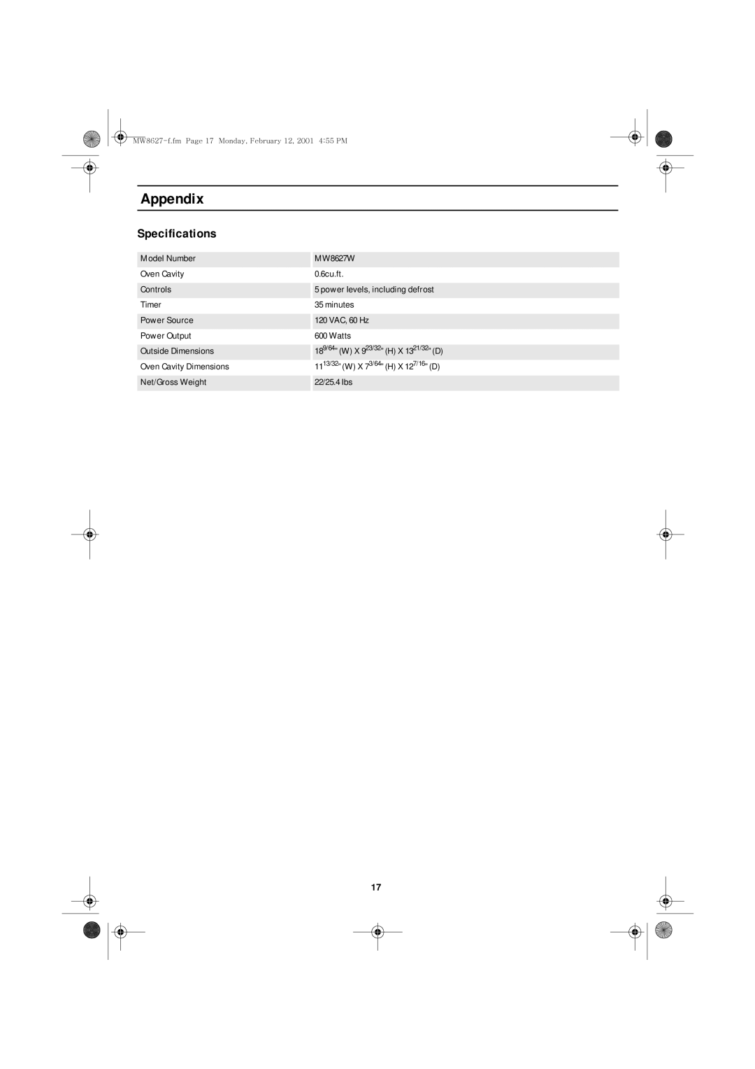 Emerson MW8627W owner manual Specifications 