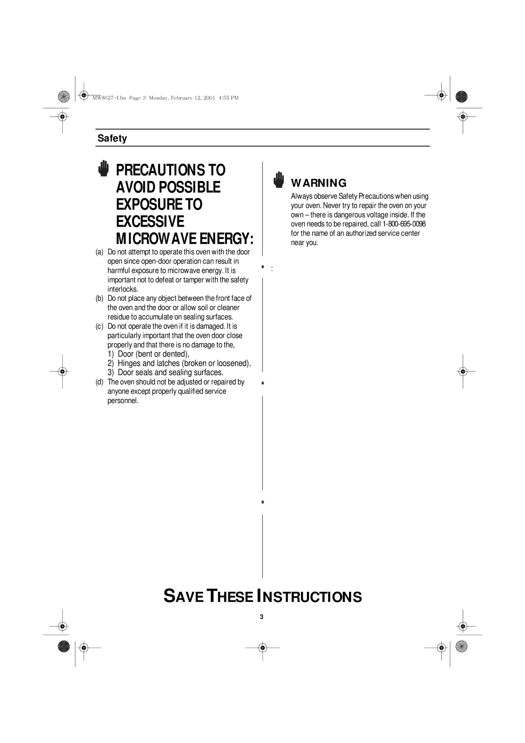 Emerson MW8627W owner manual Precautions to, Safety 