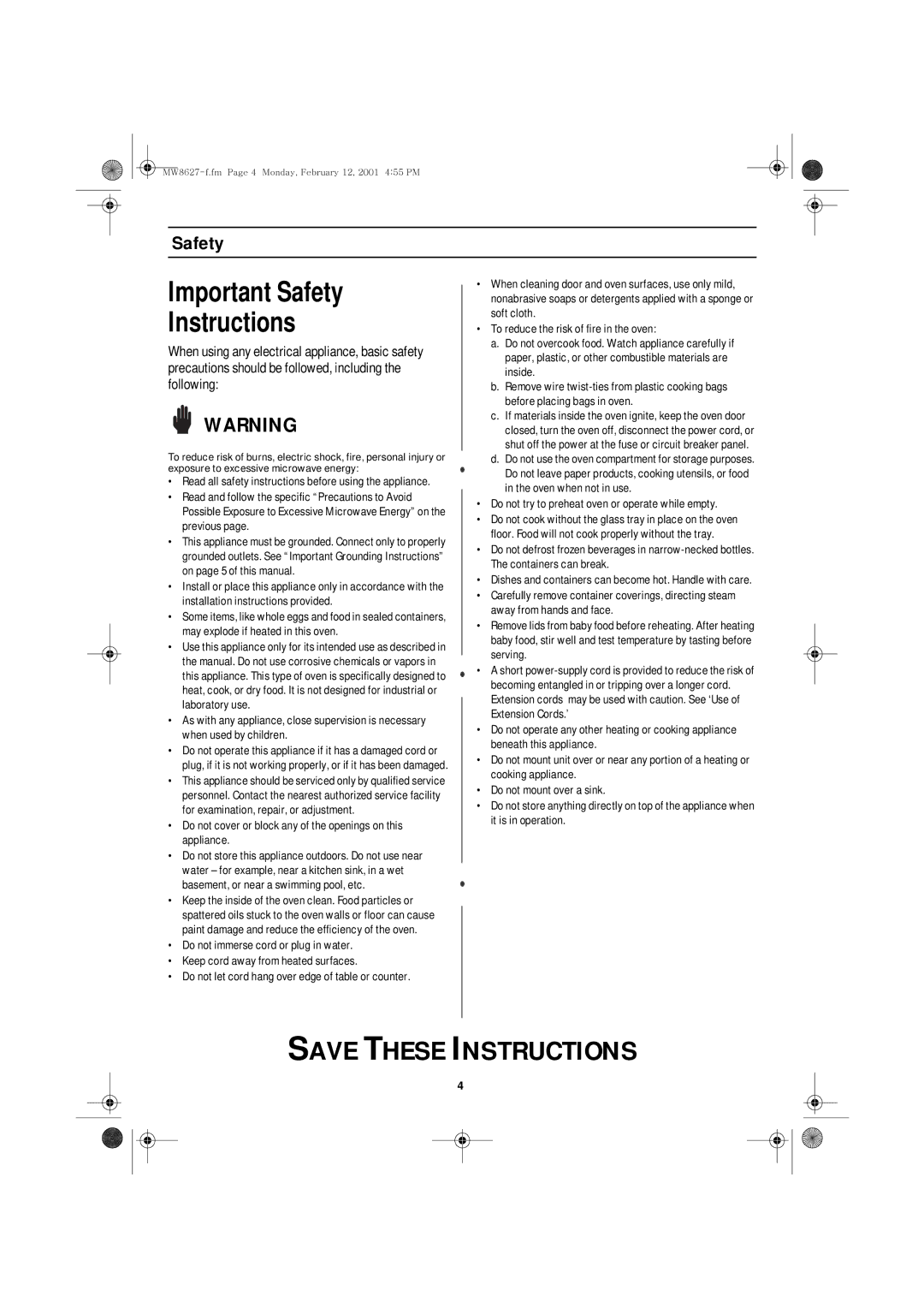 Emerson MW8627W owner manual Important Safety Instructions 