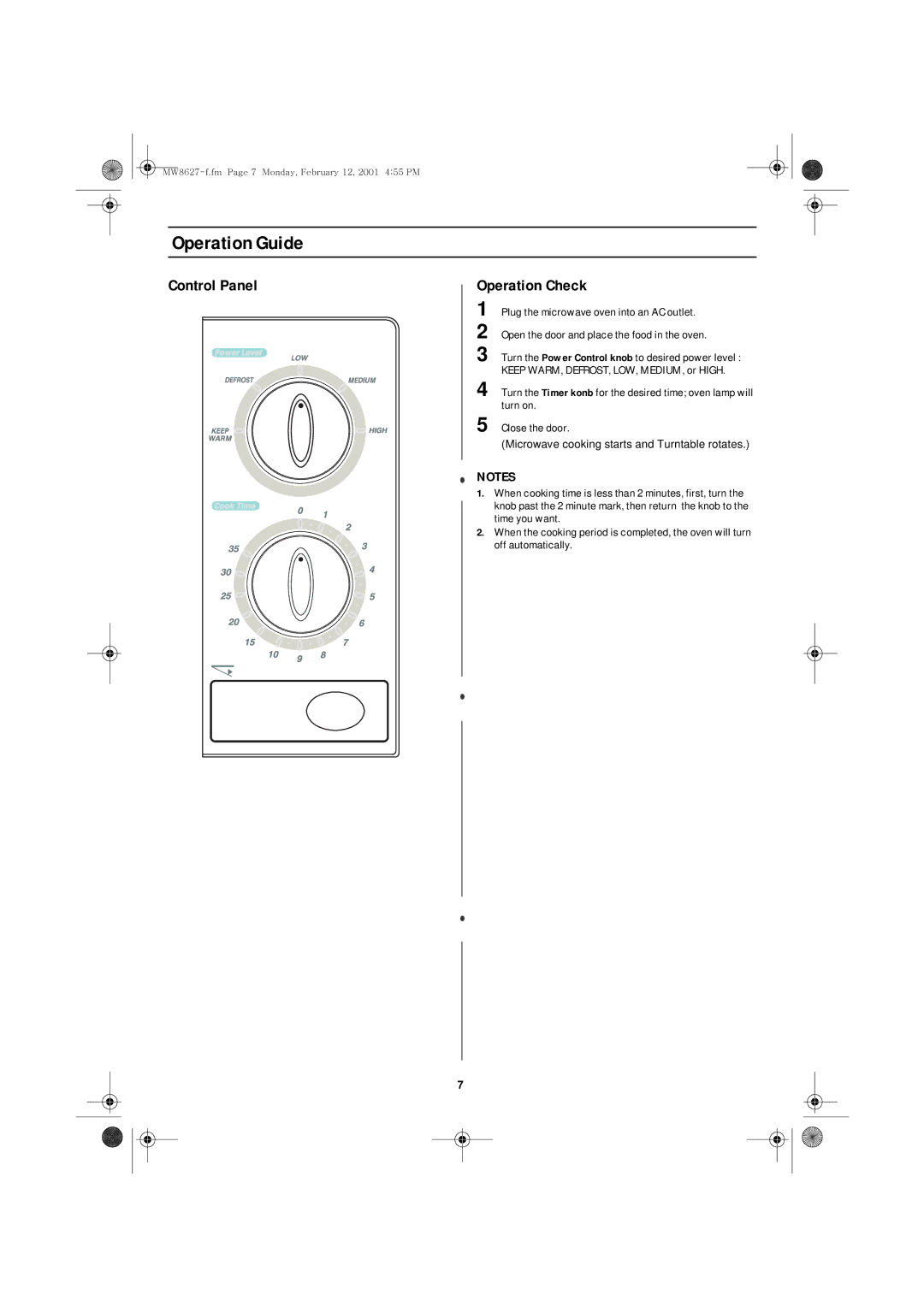 Emerson MW8627W owner manual Operation Guide, Control Panel Operation Check 