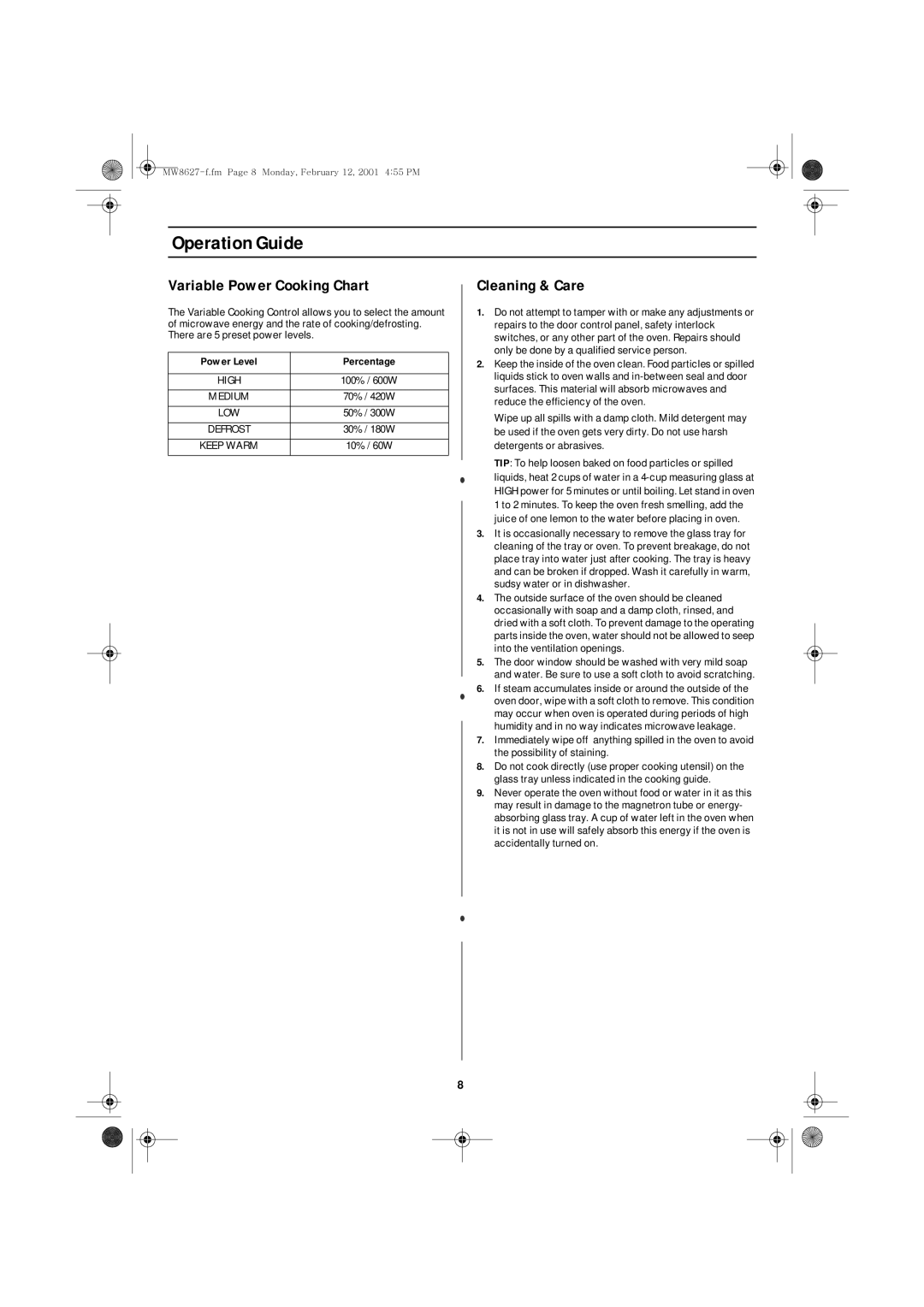 Emerson MW8627W owner manual Variable Power Cooking Chart, Cleaning & Care 