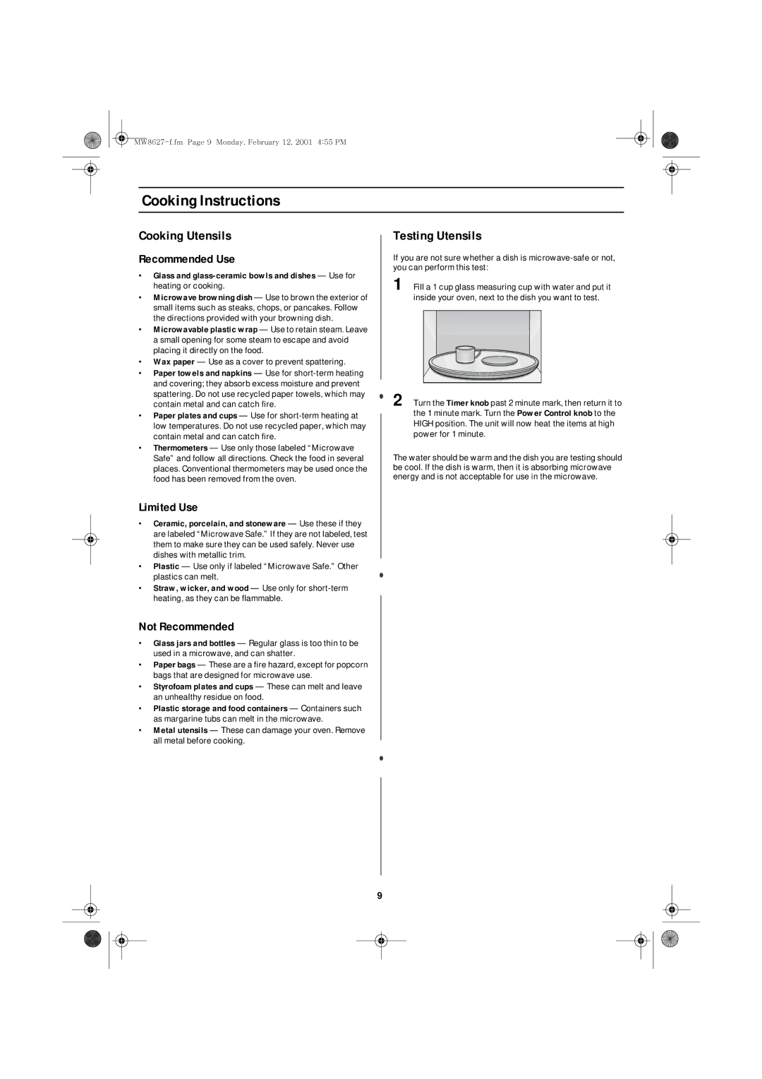 Emerson MW8627W owner manual Cooking Instructions, Cooking Utensils, Testing Utensils 