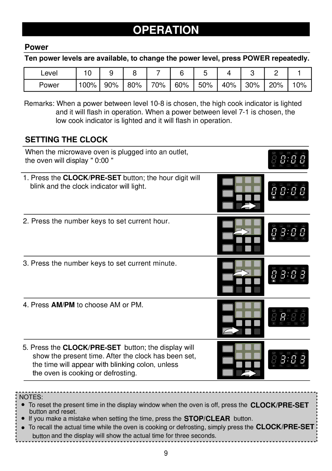 Emerson 900W, MW8889SB, MV1094F owner manual Operation, Setting the Clock 