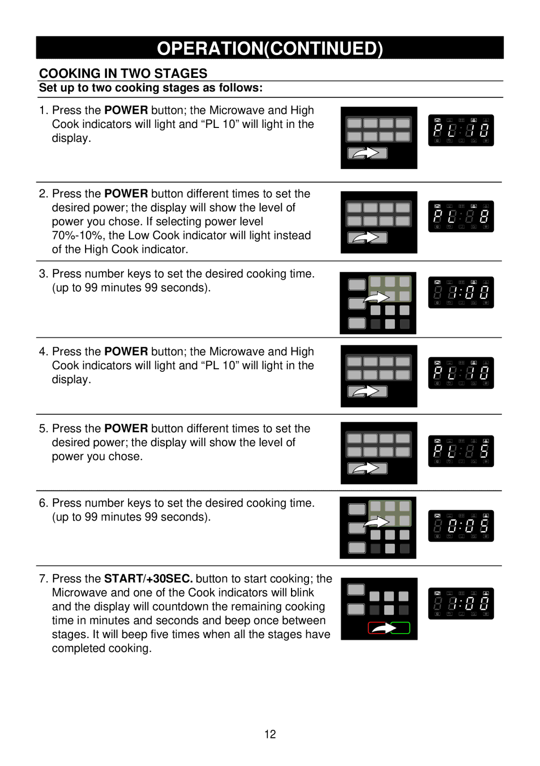 Emerson 900W, MW8889SB, MV1094F owner manual Cooking in TWO Stages, Set up to two cooking stages as follows 