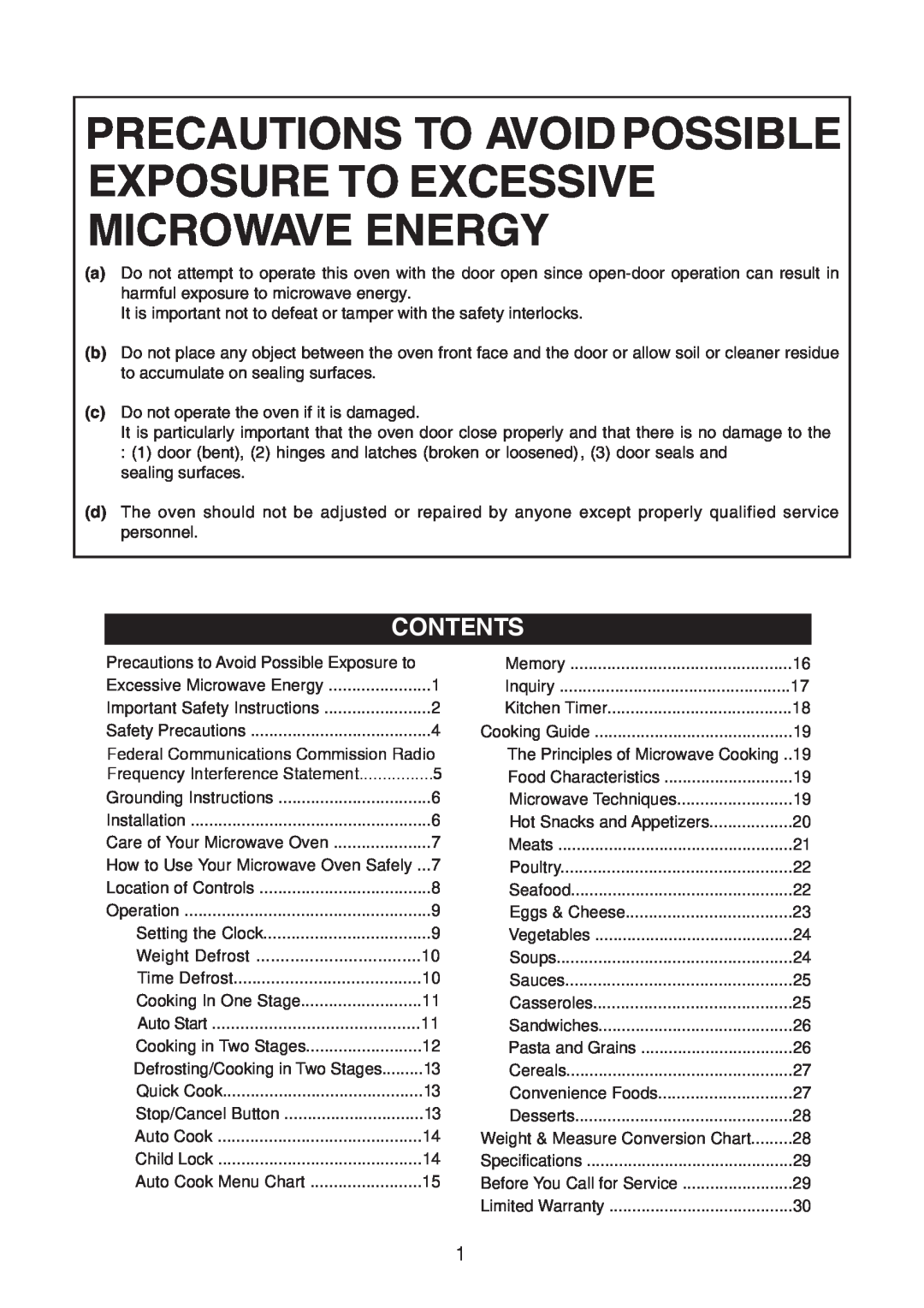 Emerson MV1094F, MW8889SB, 900W owner manual Contents, Precautions To Avoid Possible Exposure To Excessive Microwave Energy 
