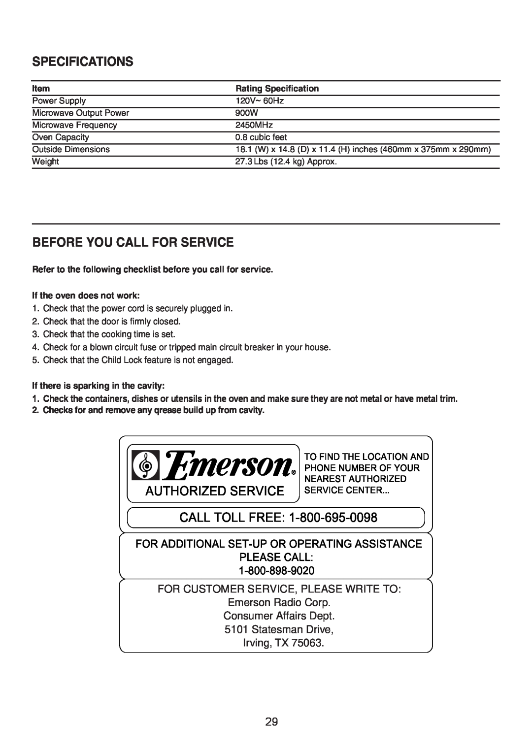 Emerson MW8889SB Specifications, Before You Call For Service, FOR CUSTOMER SERVICE, PLEASE WRITE TO Emerson Radio Corp 