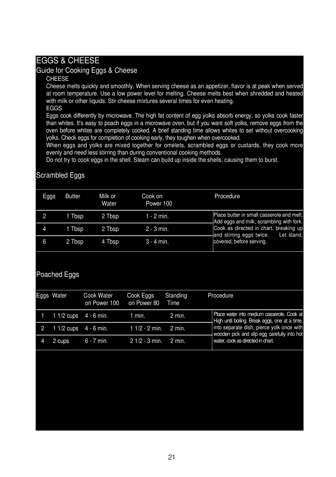 Emerson MW8991SB owner manual Guide for Cooking Eggs & Cheese, Scrambled Eggs, Poached Eggs 